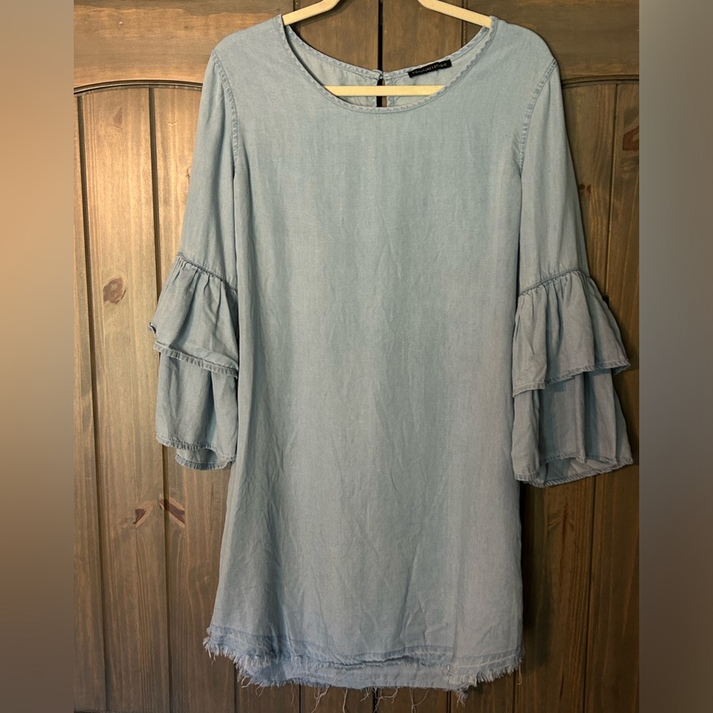 Signature Studio Dress Light Blue Denim Ruffle Sleeve